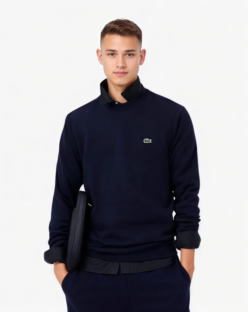 Sweat Lacoste homme marine col rond vu de face
